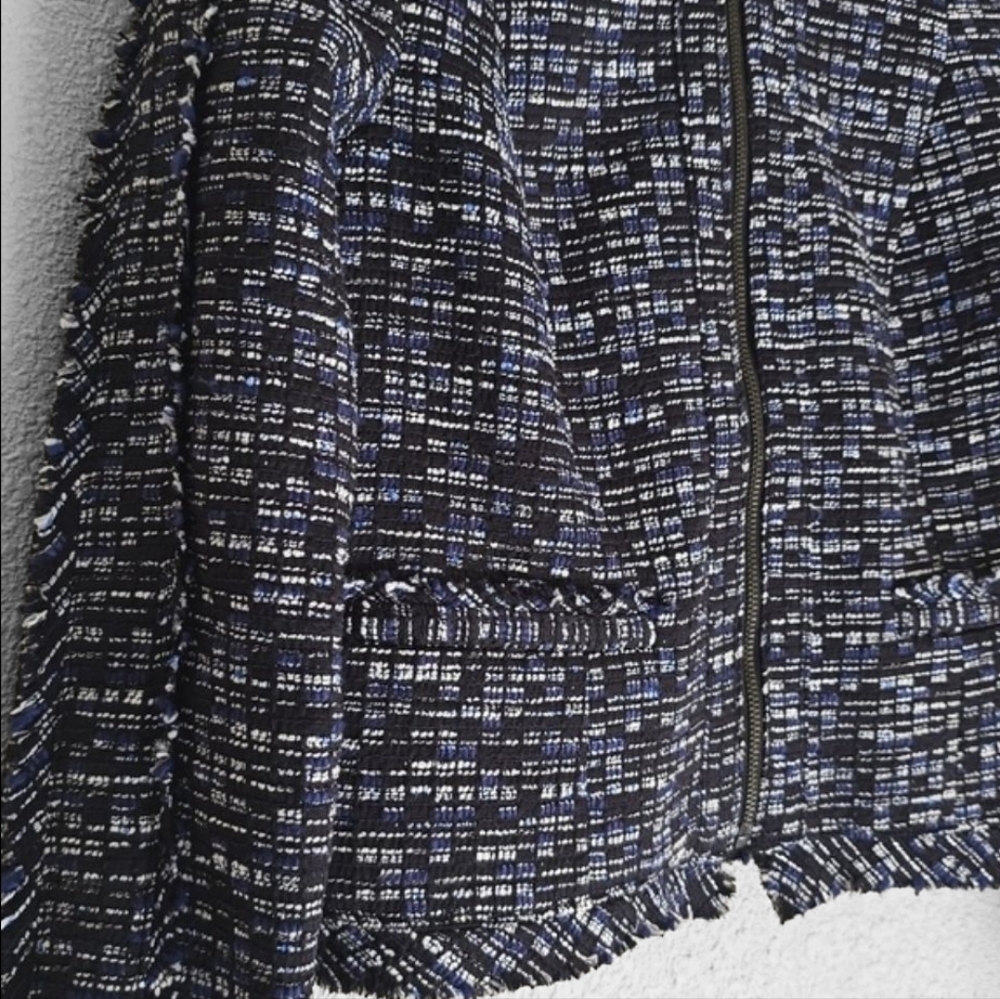 Banana Republic Tweed Zip Up Fringe Navy Off white Cotton Blend Jacket Blazer 4 - Picture 10 of 15